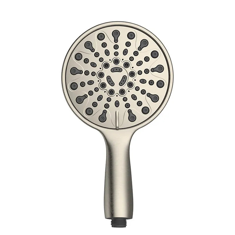 Six-function handheld shower head with electroplated finish showing multiple spray pattern options