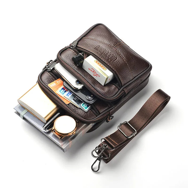 Men's leather waist bag in black or dark brown, worn as waist bag, shoulder messenger bag, or belt pouch