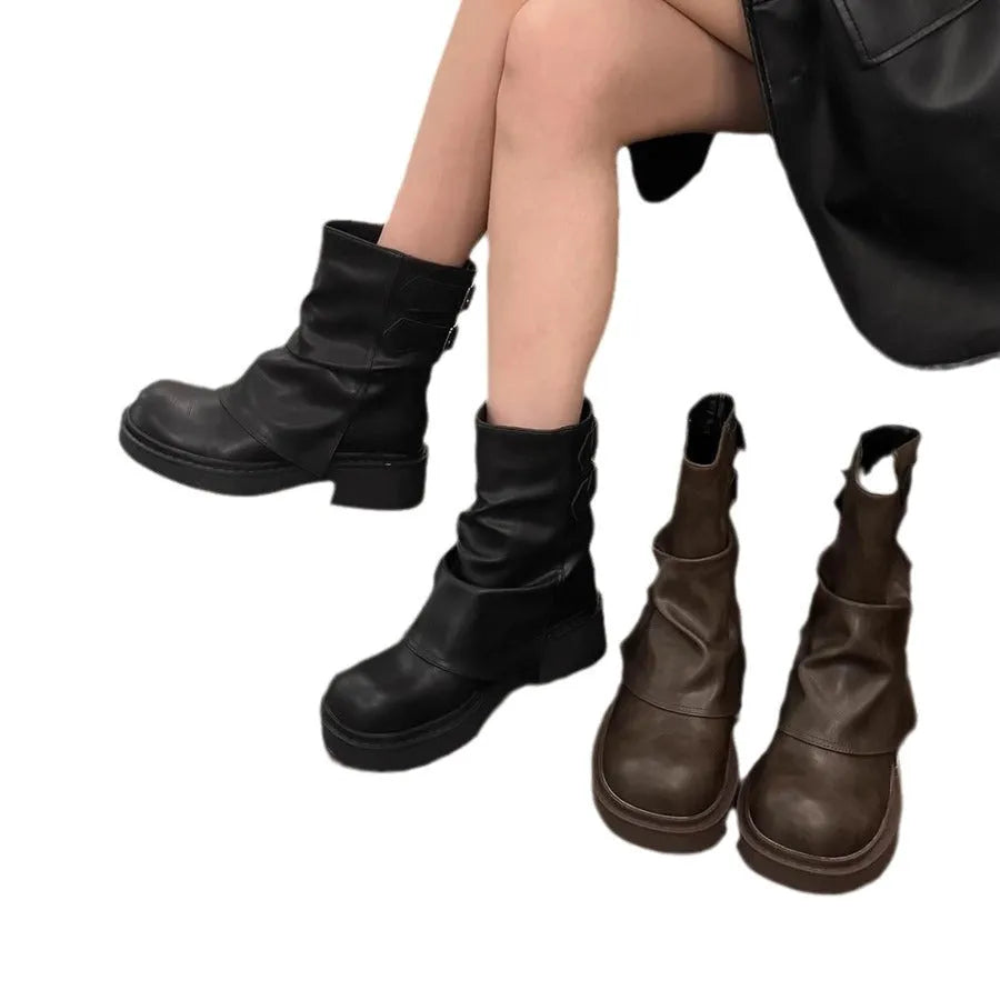 British street pleated sleeve slugged bottom boots, low square heel, artificial PU, khaki and black, sizes 35-39