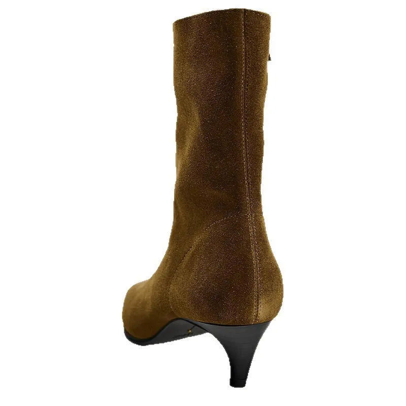 Brown retro square toe kitten heel mid-calf boots with a side zip on a white background