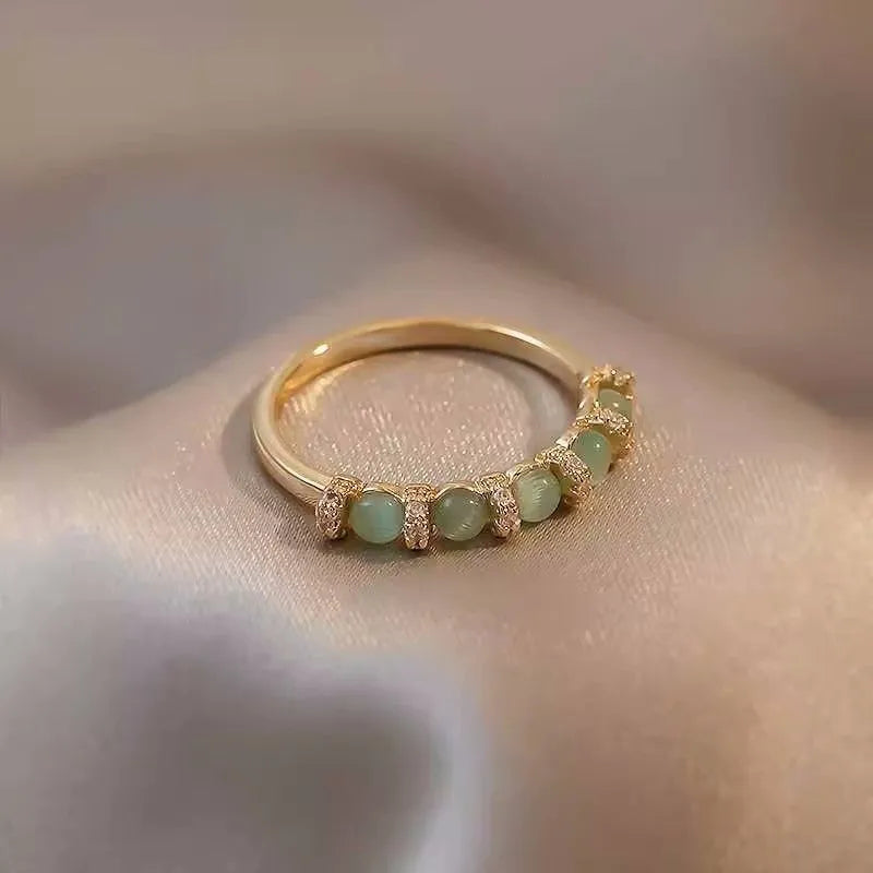 Geometric green cat eye ring for women in gold finish on copper base