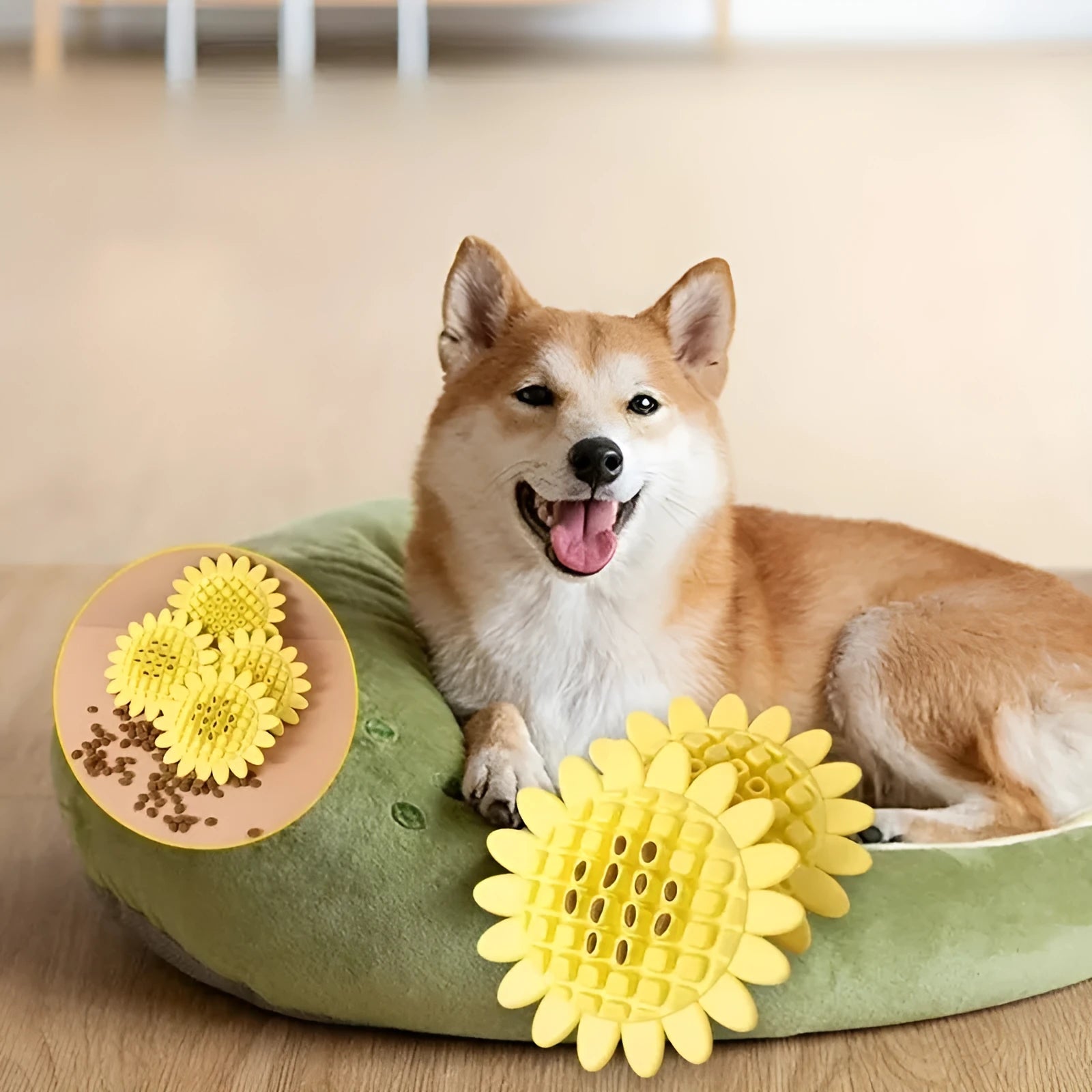 Yellow sunflower-shaped rubber dog chew toy with squeaker