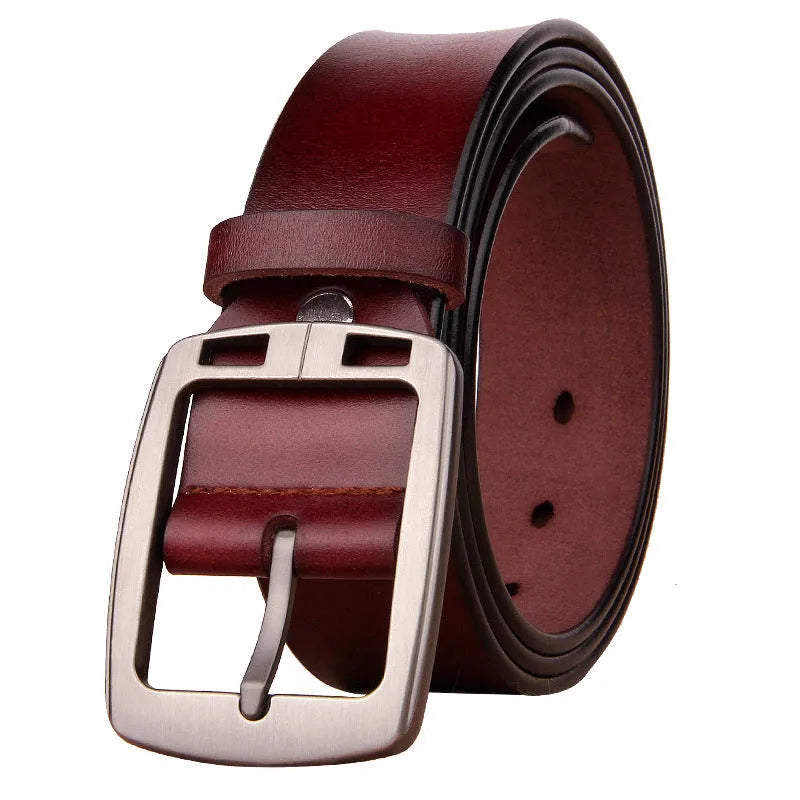 Genuine leather retro men's belt with alloy pin buckle, available in black, coffee, and yellow brown