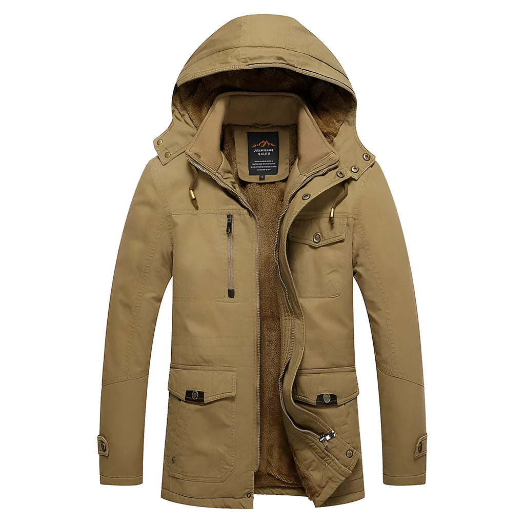 Men's fleece-lined cotton jacket in khaki, long sleeve, casual European style