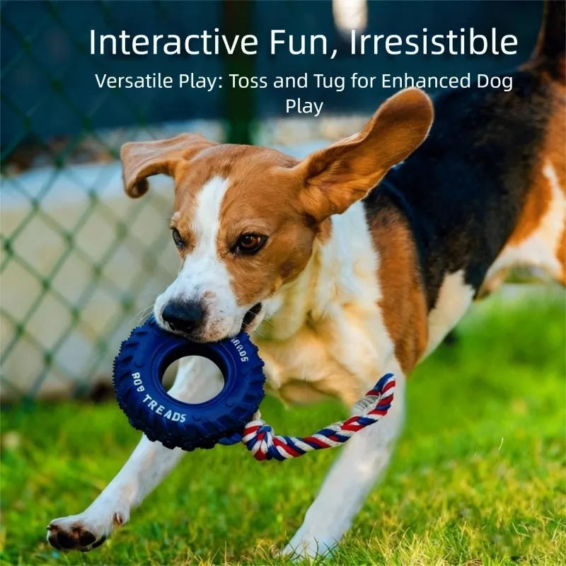 Rubber tire dog chew toy with cotton rope handle for tug of war and treat dispensing, in black, blue, or orange