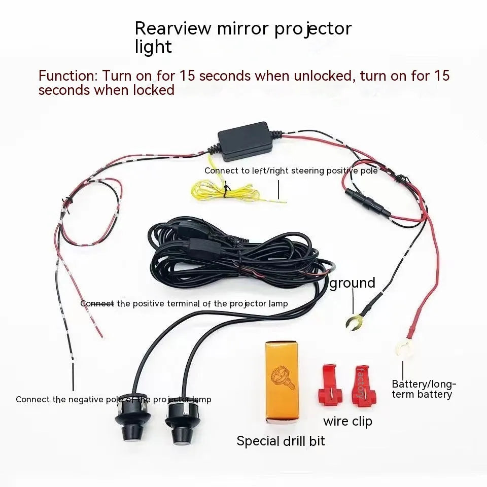 Car rearview mirror courtesy lamp with aluminium housing projecting white angel wings pattern