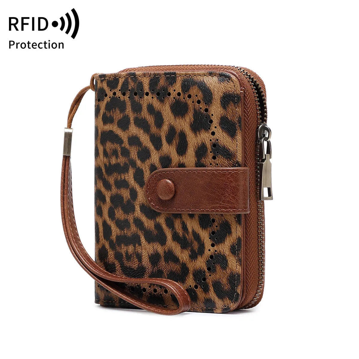 PU leather multifunctional zipper wallet with leopard print design showing hollow stitching and card compartments