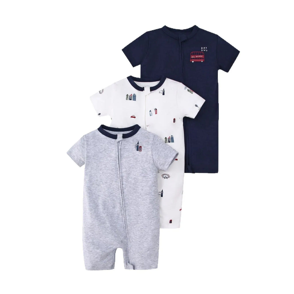 Three baby jumpsuits with short sleeves and double-headed zipper in cotton fabric, featuring animal and stripe patterns