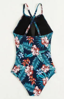 Women's deep V-neck one-piece swimsuit in solid colour or gradient print with polyester lining