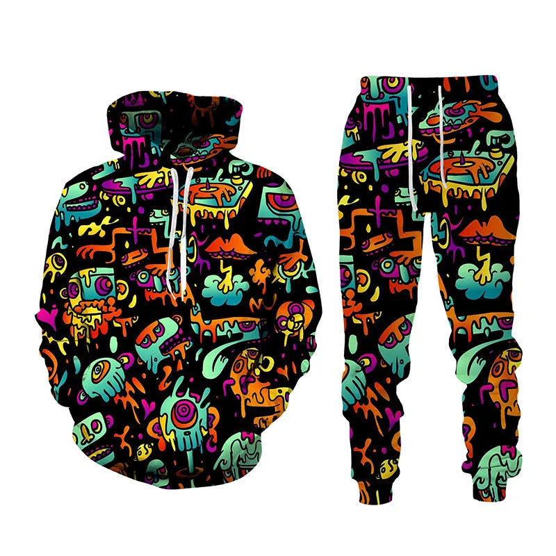Men's 3D printed sports hoodie set with matching loose fit pants in black, front view