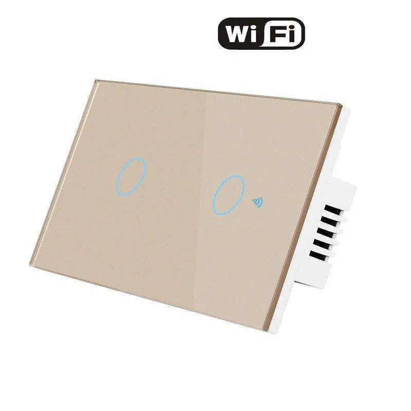Smart WiFi touch light switch with tempered glass panel, 1000W, IP65, voice control, black gold grey white