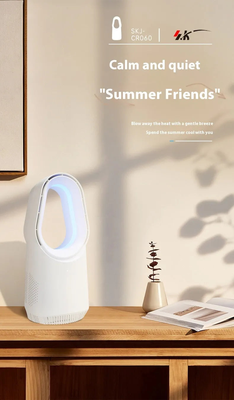 White SK bladeless tower fan with remote control on desktop
