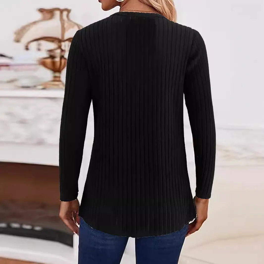 Simple solid colour knitted button sweater in black or grey green with regular sleeves