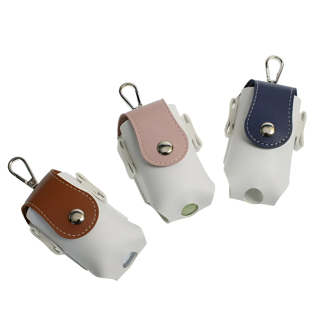 Mini portable PU golf ball bag in blue, pink, brown, and gray on a white background