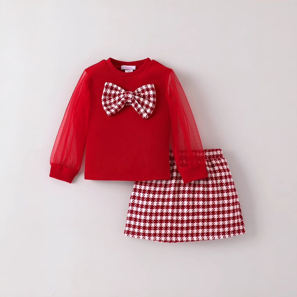 Two-piece red cotton children's outfit with long sleeve top and long skirt suitable for height 4Y to 7Y