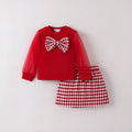 Two-piece red cotton children's outfit with long sleeve top and long skirt suitable for height 4Y to 7Y