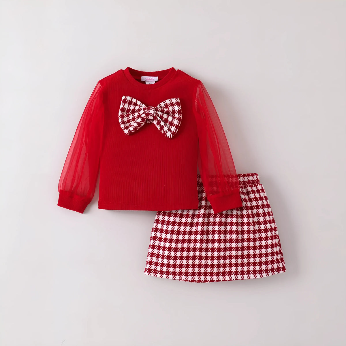 Two-piece red cotton children's outfit with long sleeve top and long skirt suitable for height 4Y to 7Y