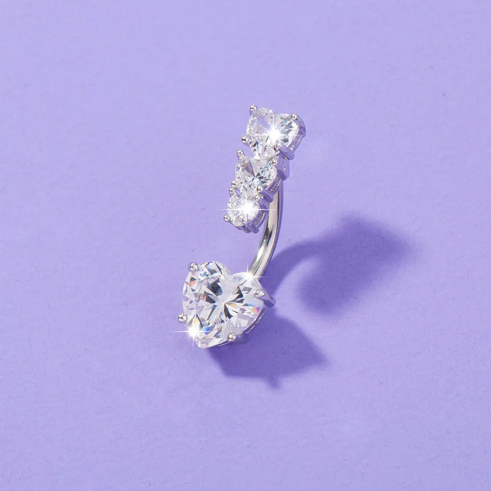 Stainless steel heart-to-heart navel pin on white background, 0.9 cm wide, 2.3 cm tall