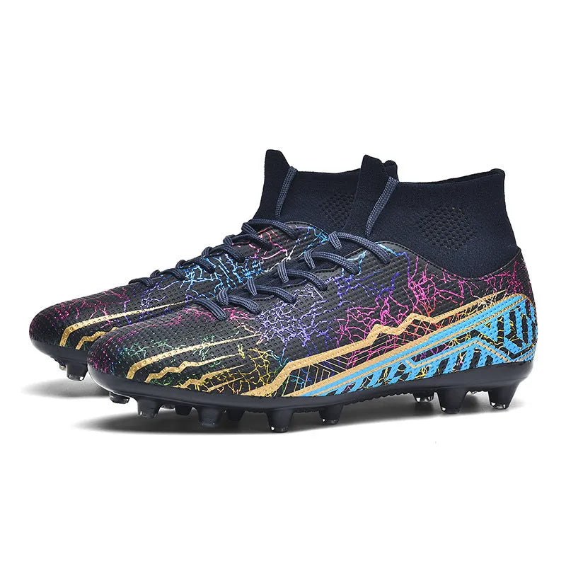 High-top youth spike turf soccer shoes in spike-black with rubber sole and PVC upper on artificial grass