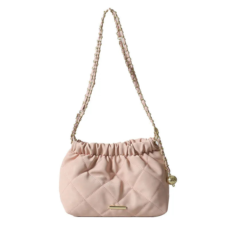 Fashion rhombus chain shoulder messenger bag in soft PU, horizontal square shape, single shoulder strap, available in black, blue, pink, white