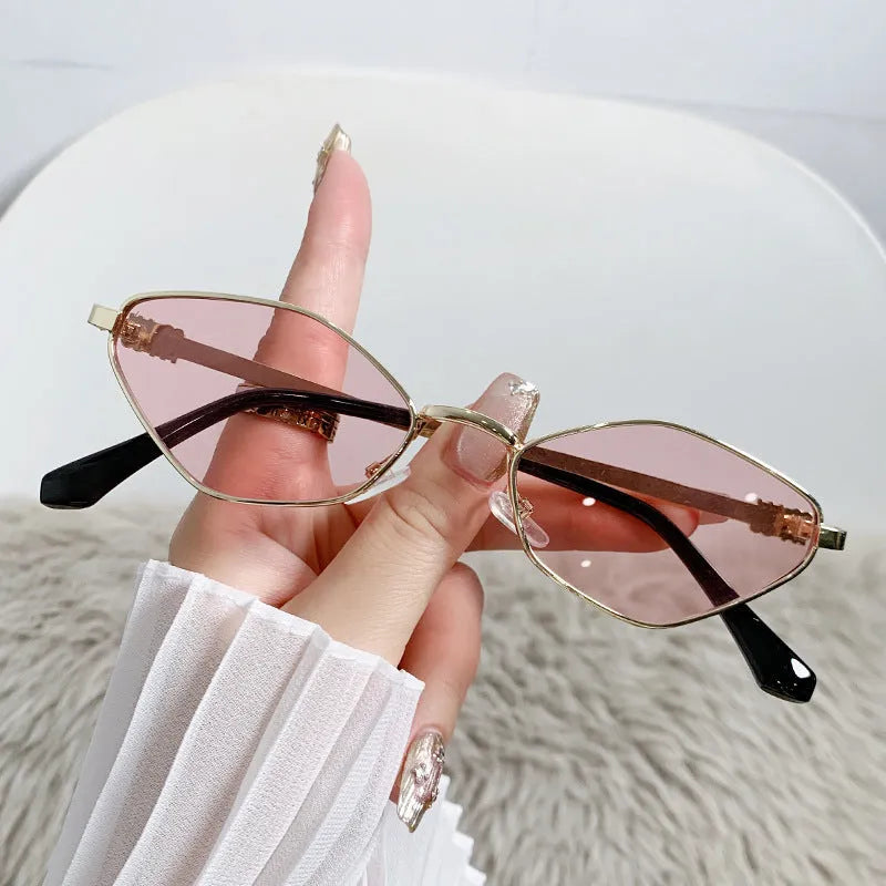 Small metal frame cat eye sunglasses with rhombus design in gold frame with various lens colour options