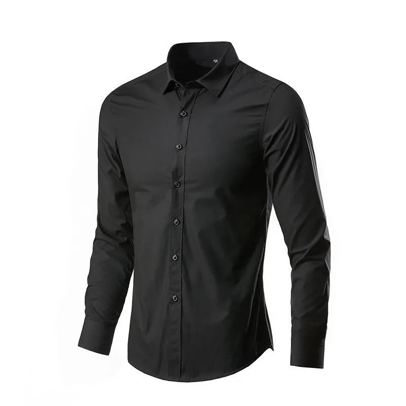Long-sleeve linen shirt in a slim loose fit on a hanger, shown in a navy blue colour.