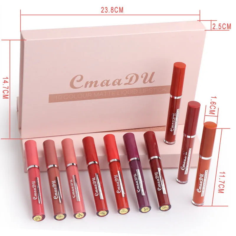 Set of 10 women's matte lipsticks in assorted colours with waterproof and non-stick cup features.