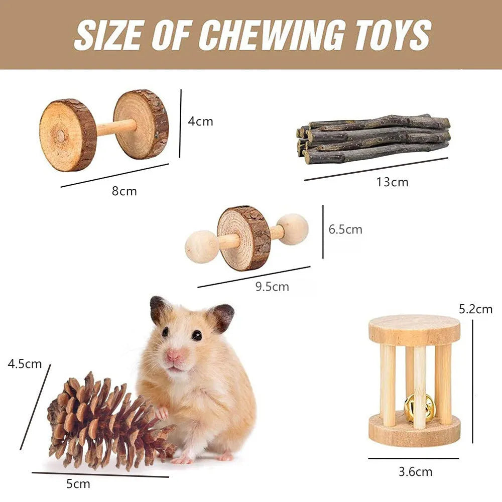 Assorted wooden chew toys and natural material sets for pet rabbits, guinea pigs, and parrots
