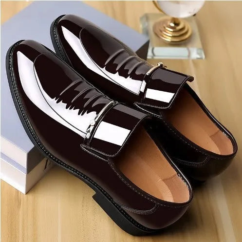 Men's business patent leather shoes in black or light brown, artificial PU upper, sizes 38-48