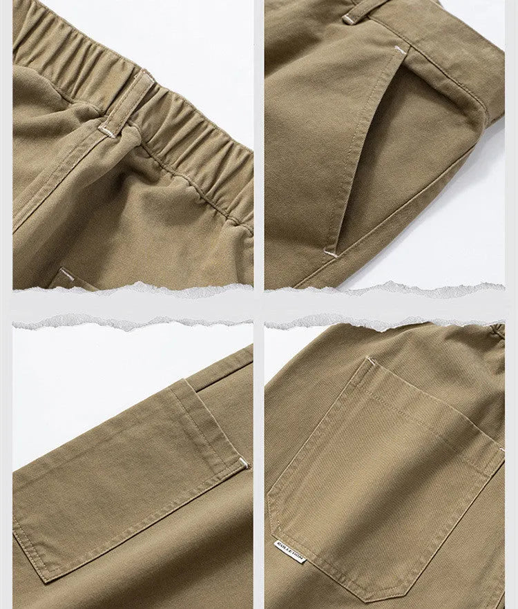 Men's cotton loose working trousers in black, khaki, and gray, sizes S to 4XL