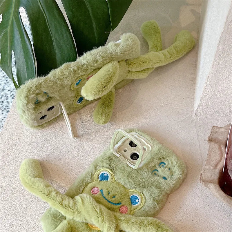 Green flannel cartoon frog phone case with pull-out wave bracket stand for Huawei and iPhone models.