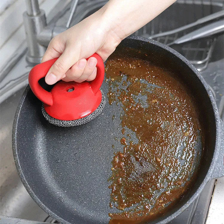 Cast iron scrubber with 316 stainless steel round chainmail head and silicone handle in red, blue, or black