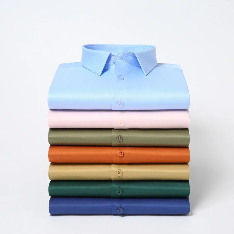 Men's solid colour long-sleeved shirt in elastic silk polyester fabric with non-ironing properties