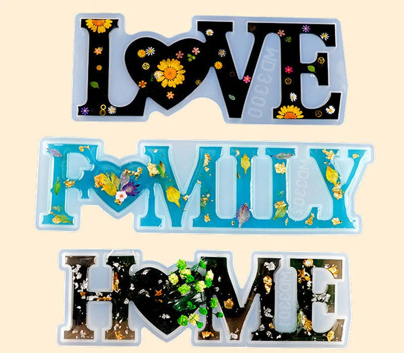 Silicone epoxy mould showing English alphabet letters and love-themed words for jewellery making