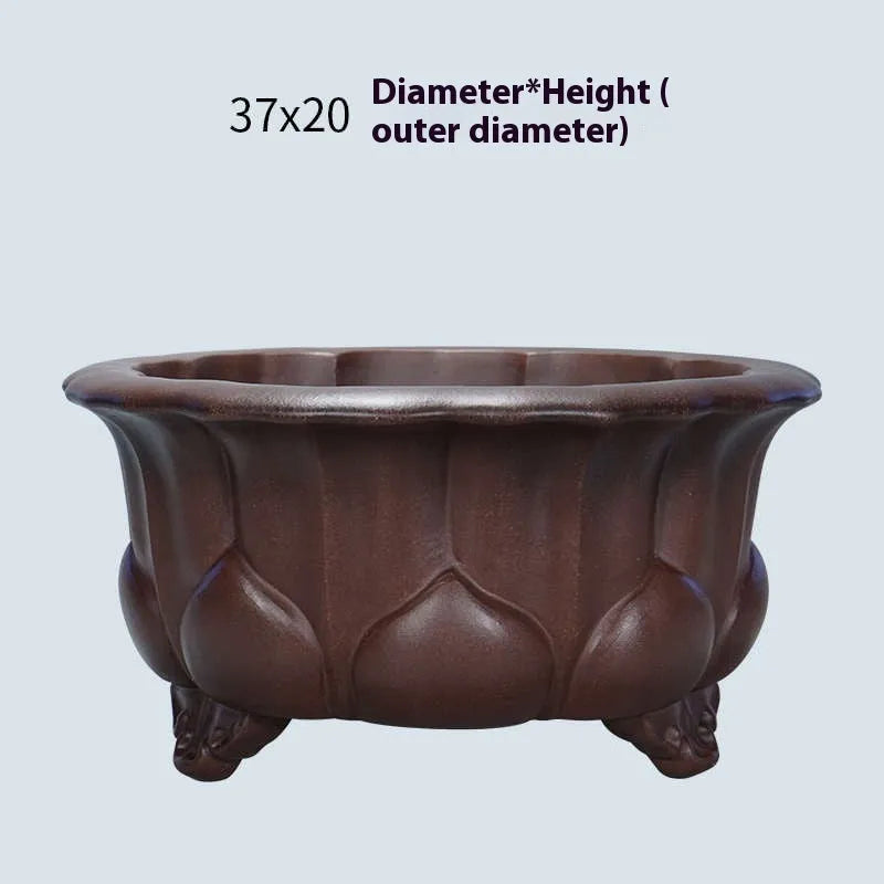 Purple red mud antique succulent flowerpot with petal basin design, measuring 37cm wide.