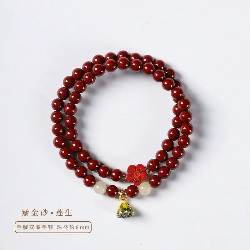 Purple gold sand cinnabar bracelet with double circle design and lotus seedpod centre