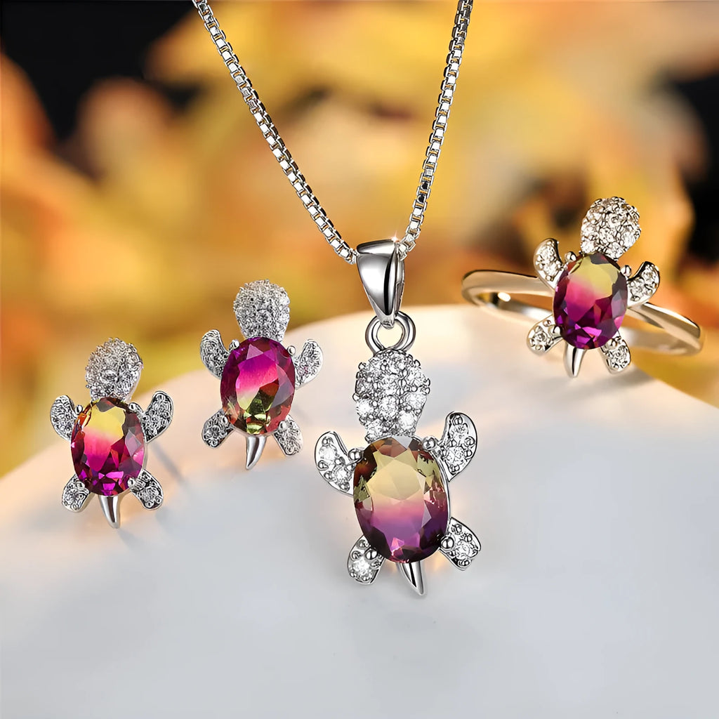 Fashion oval zircon pendant turtle shape necklace with rainbow multicolor stones on copper chain 45cm