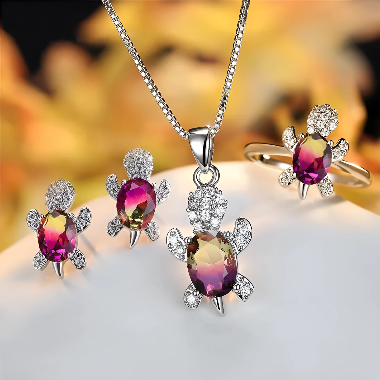 Fashion oval zircon pendant turtle shape necklace with rainbow multicolor stones on copper chain 45cm