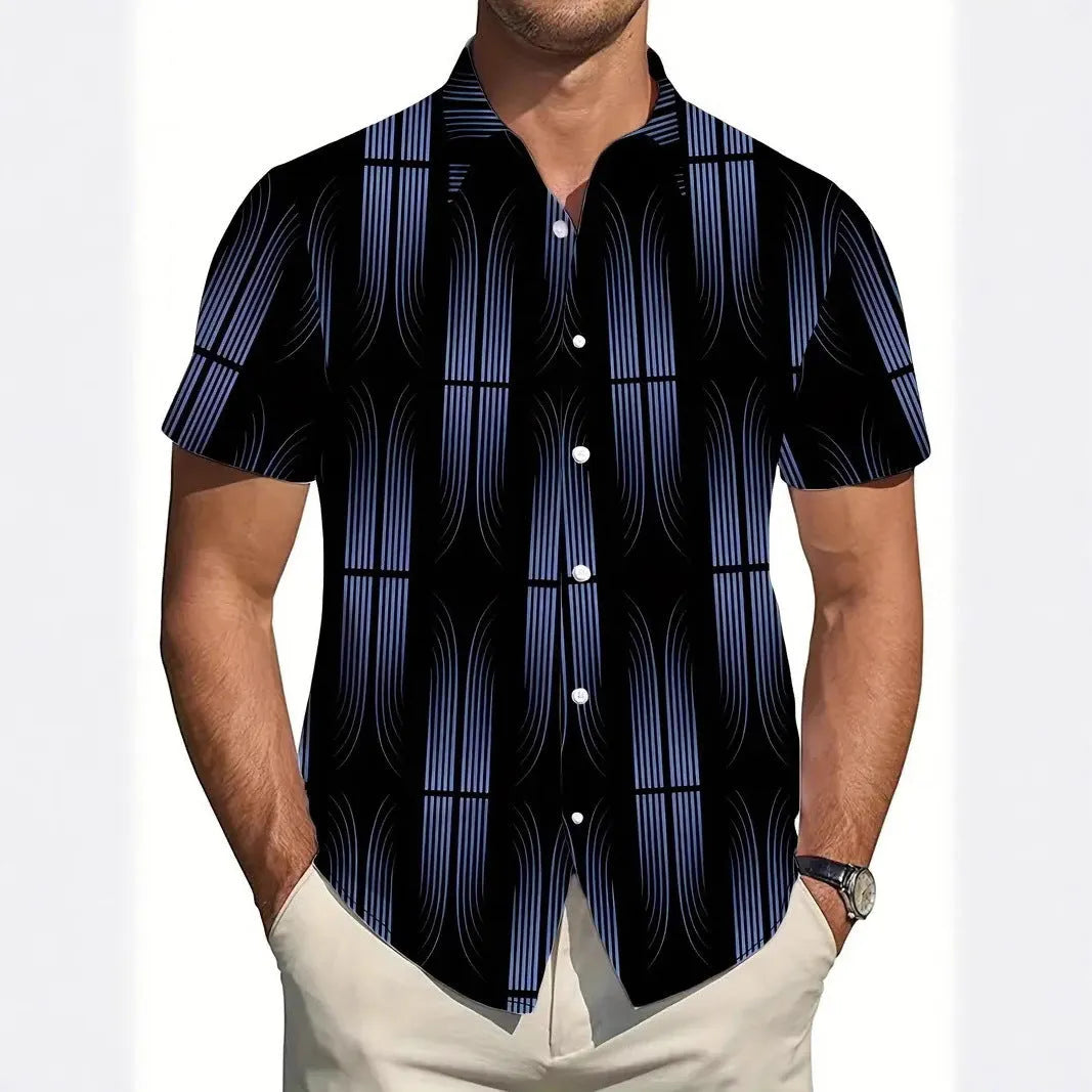 Men's slim fit geometric print short sleeve shirt on hanger showing lapel detail