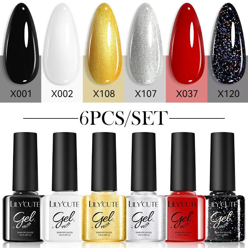 Set of twenty bottles of UV gel nail polish in solid and glitter colours for nail art.