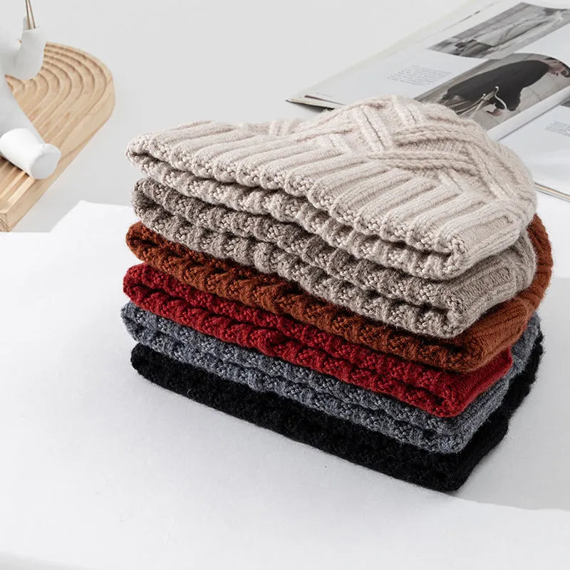 Wool knitted dome crown hat for women in one of six colours: ivory white, khaki, red, brown, grey, or black.