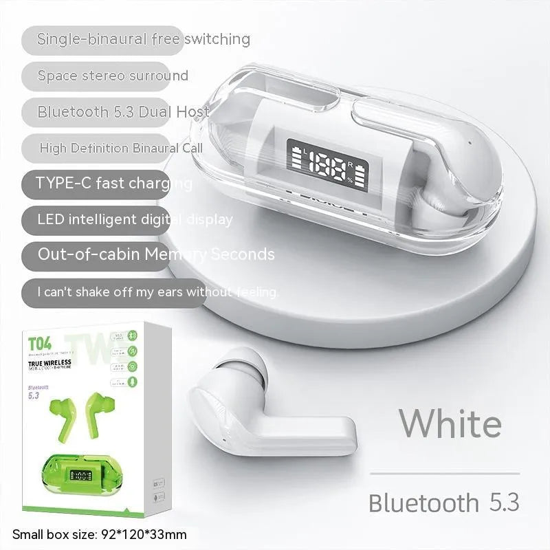 Transparent wireless Bluetooth earbuds with digital display charging case in neutral box colour options.