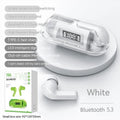 Transparent wireless Bluetooth earbuds with digital display charging case in neutral box colour options.