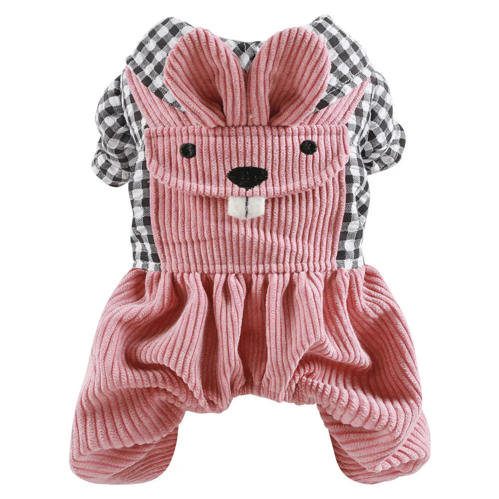 Four-legged plaid polyester pet overalls in black grid top, with full leg coverage, on a light background