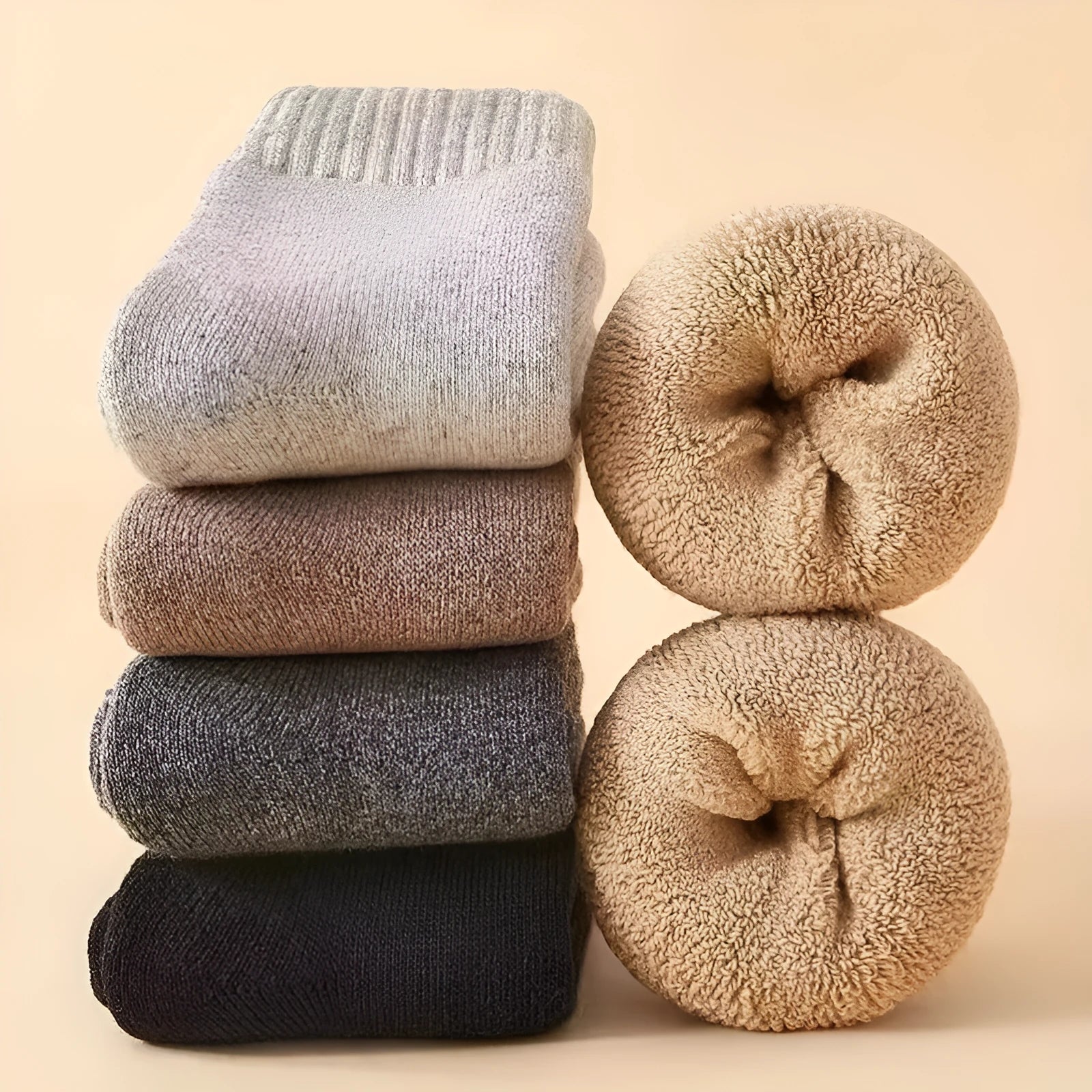 Two pairs of thick, solid-colour wool socks with a winter midsole, shown in cold-resistant cashmere colour options.