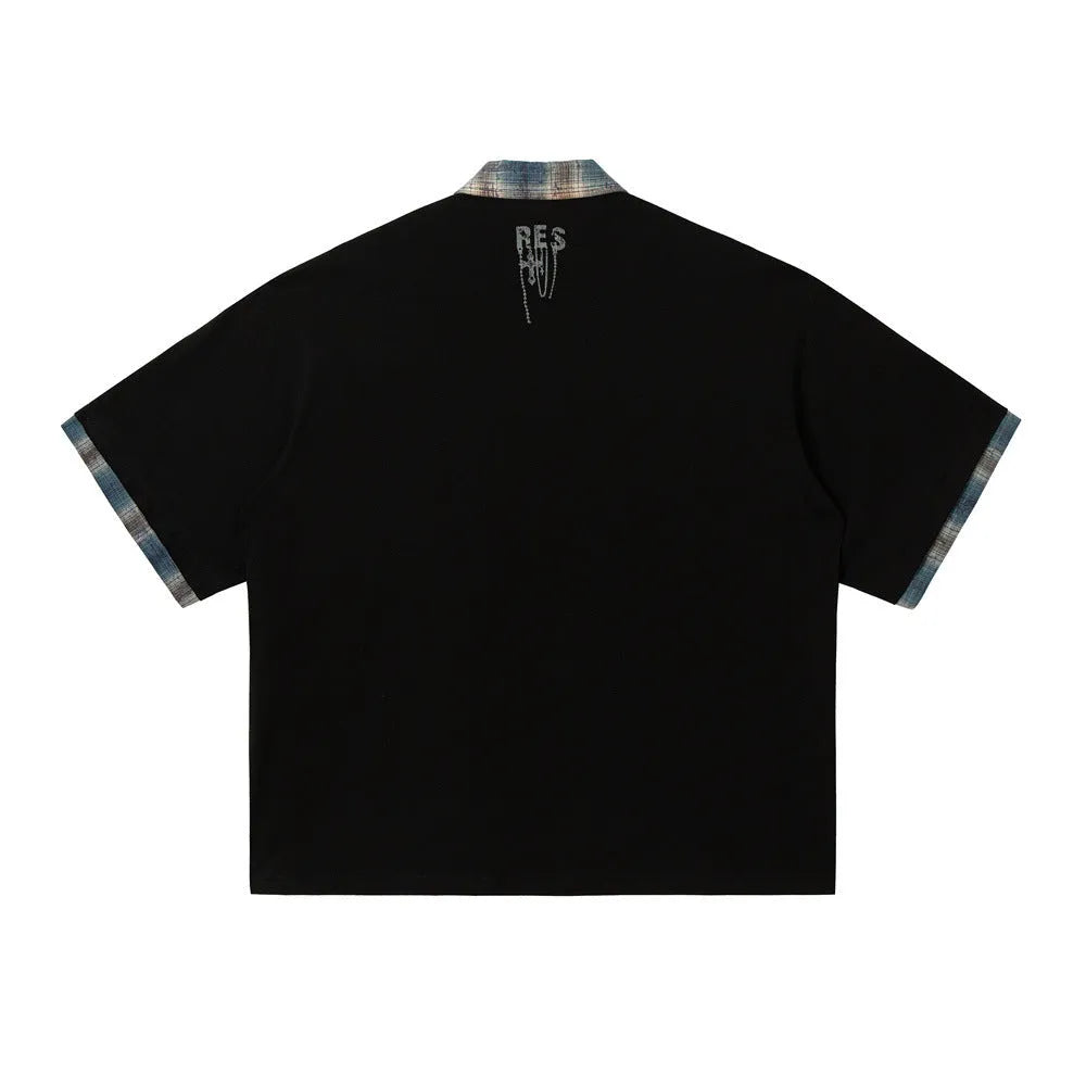 Men's loose asymmetric cotton top with graffiti print in blue or red.