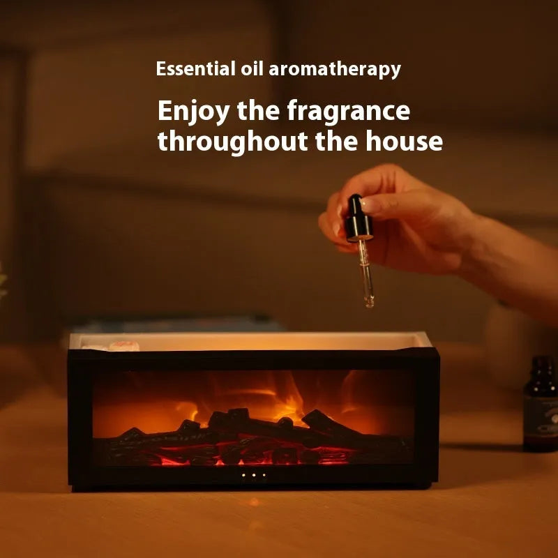 Square flame aromatherapy diffuser with 3D flame effect and colourful base lighting on desktop