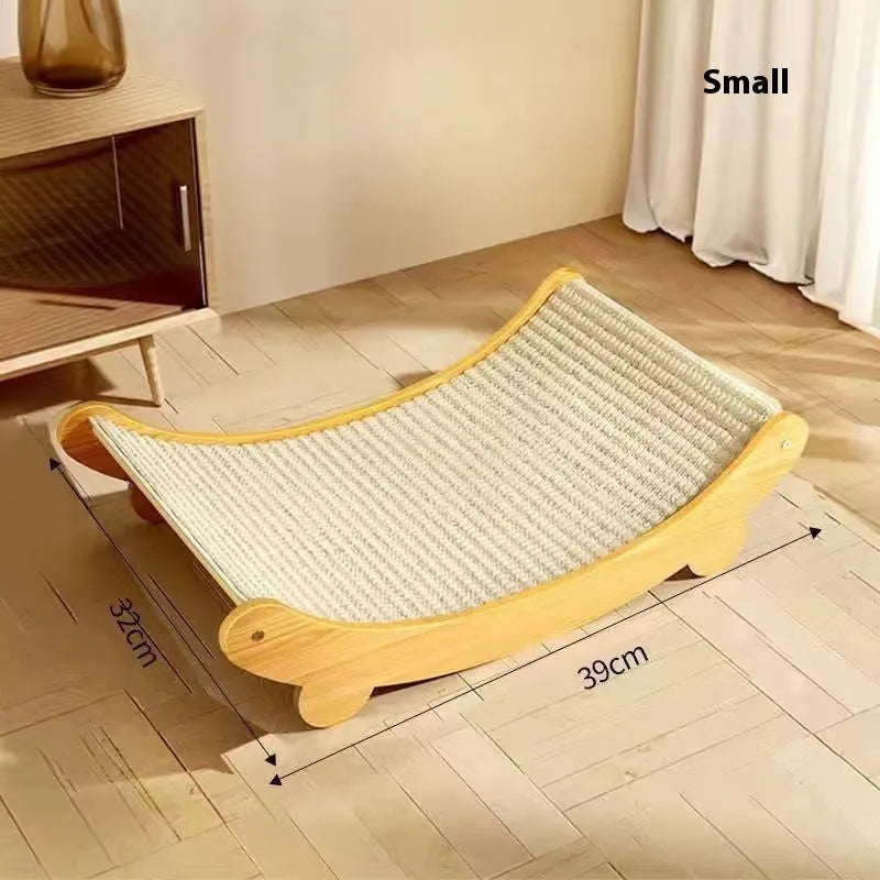 A pastoral-style cat scratch board with a woven sisal blanket scratching surface, shown in small and large size options.