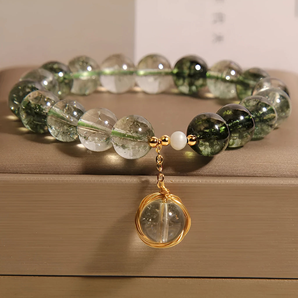 Green phantom quartz and chorite crystal women's bracelet in Japanese Korean style.