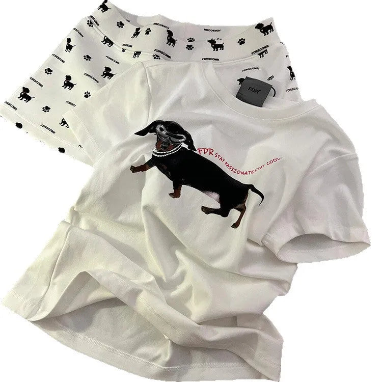 Sausage dog print short sleeve pajama set includes top and shorts in graphic-coloured suit